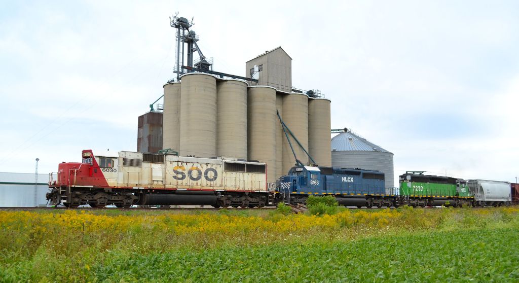CP 245 led by SOO 6030, HLCX 8163 & HLCX 7230 heads westbound past the grain elevator at Haycroft. mp 86 Windsor Sub