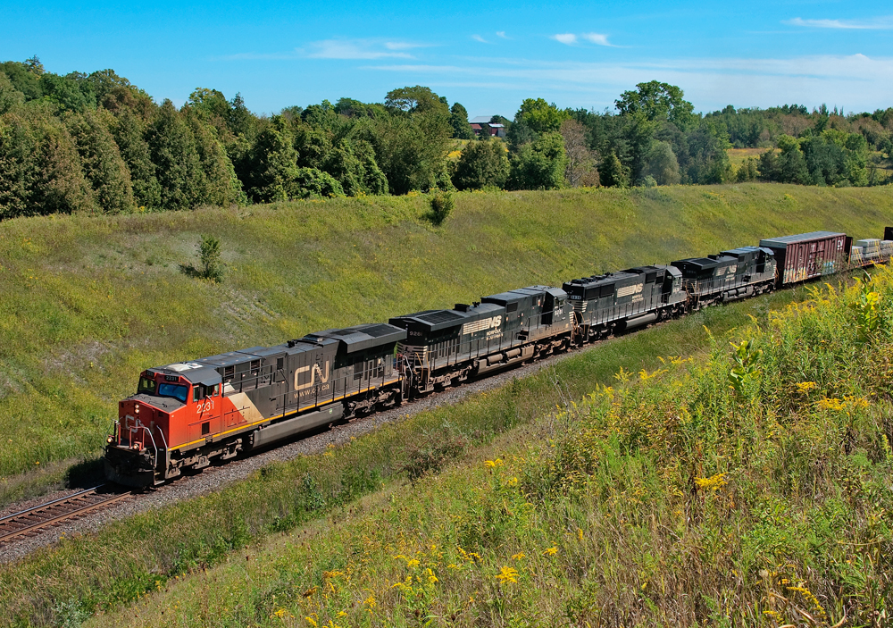 A westbound NS detour battles the ruling grade on CN\'s York Subdivision, this looks to be the only detour of the week as opposed to the three last week running due to flooding on CP\'s Canadian Subdivision.