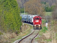 Heading into the S curve 3114 passes the historic junction of the on time Whitby Port Perry Railway built in 1871 the stone abutment can be seen to the right of the train.