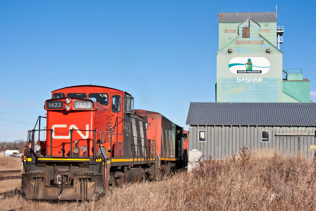 Dropping off some cars at the local elevator in Bashaw. Along the CN Camrose Sub.