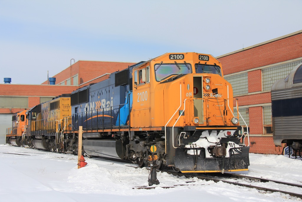 O.N. Rail class unit 2100 alive and well March 2011 at Ontario Northland\'s North Bay shops. Taken with permission as part of an Ontario Northland Railfan tour.