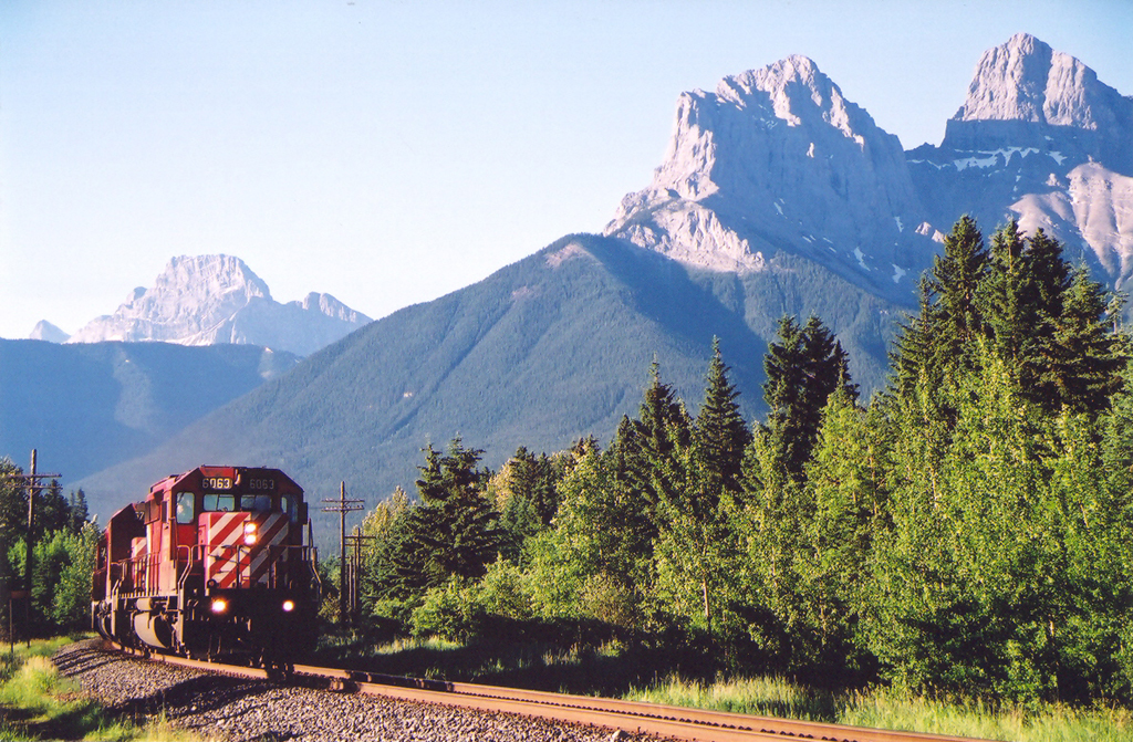 A trio of SD40-2s enter the east end of Canmore