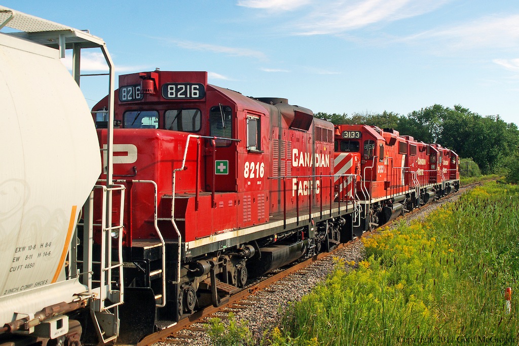 Heading into the curve,the usual suspects 3114,3045,3133 have a handsome 8216 GP9 along for the trip,on its way to Peterborough.