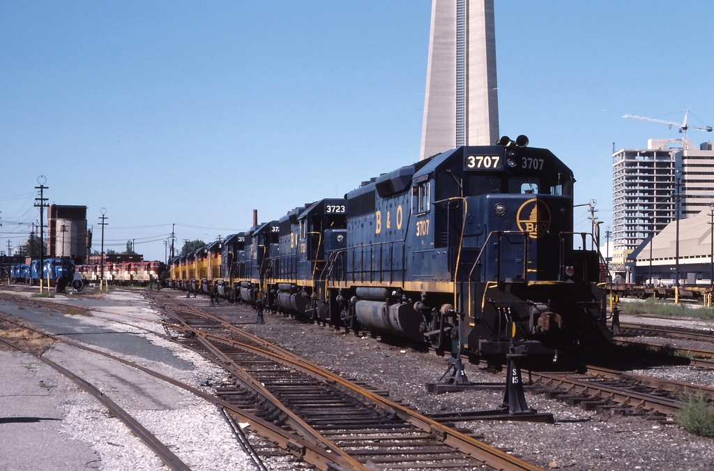 Leased B&O, Conrail and C&O power sits stored at John Street, waiting to be returned