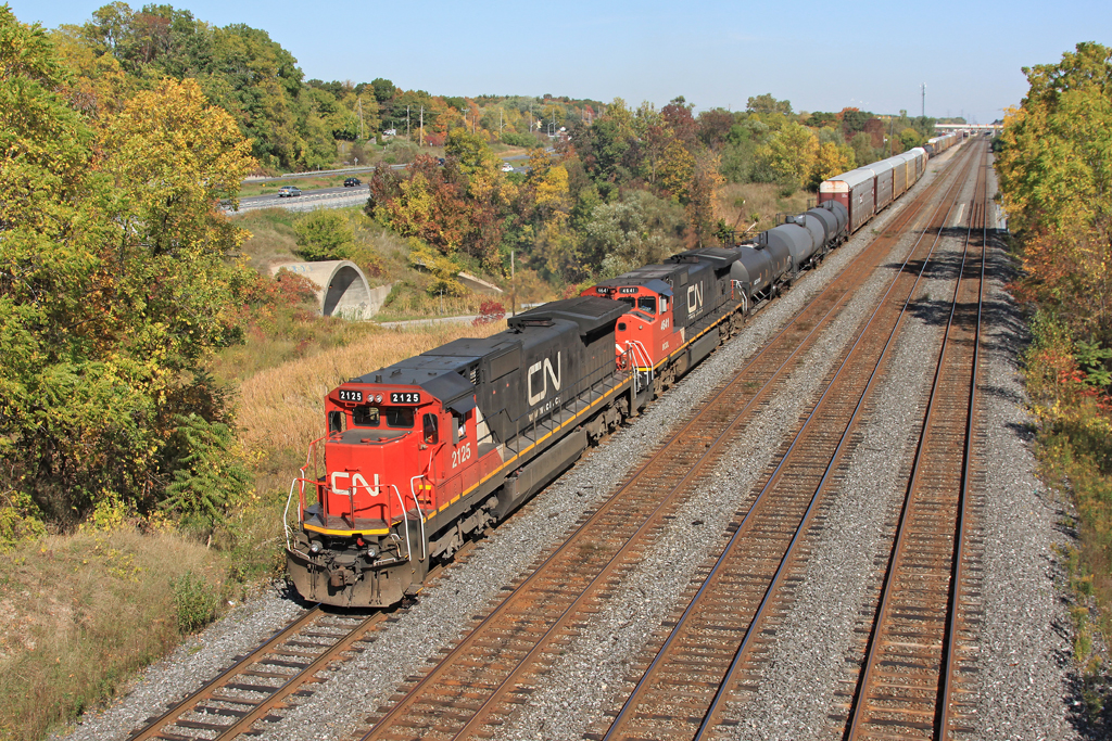 CN 2125 and BCOL 4641 leads 567 out of Aldershot Yard with fall colours looming in the background.