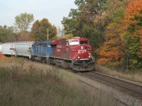 CP 245 blasts out of Cambridge at Orrs Lake hill backdropped by fall colours.