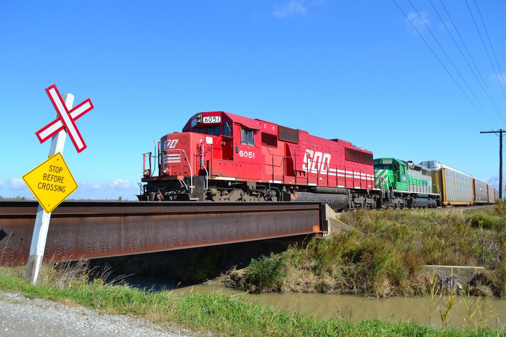 CP 249 led by SOO 6051 & CITX 3066 heads westbound with this autorack train at Tilbury.