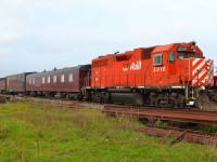 The CP track evaluation train led by 3018, a GP38AC, heads eastbound thru Tilbury on its way to London along the CP Windsor Sub.
