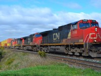 CN 382 led by CN 2666, 2663, 2613 & 5323 heads eastbound thru CN Poplar. mp 14.37 CN Strathroy Sub.