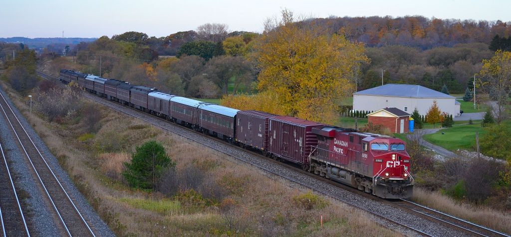 CP 40B, led by CP 8866, heads eastbound with the cars for the CP Holiday Train. The train was travelling from Calgary to Montreal where they will start preparing them for this years Holiday Trains.
