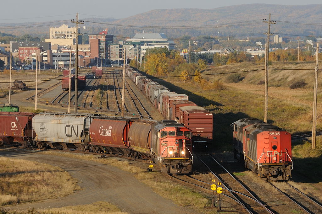An \\\"Extra 14\\\" shoves a string of empties towards TC92 using CN 5504, one of the three SD60F\\\'s that came in on train A436. The other two sit on the \\\"Northern Wood Preservers lead\\\", they are CN 5514 and CN 5504.