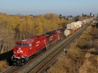 <b>CP 8921 lives again.</b> Although this isn\'t \"The Empress of Agincourt\", CP ES44AC 8921 leads Lachine to Vancouver hot shot out of Thunder Bay after meeting train 222 at Westfort. Mile 3.7 (Westfort), CP Kaministiquia Sub.