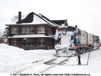RLK 1401, General Motors Diesel FP9A built in 1957, with sister unit FP9A 1400, GP9 4001 and a former CN Plow have arrived at Stratford after a  long day of plowing the Goderich subdivision. Blizzard like conditions and heavy winds created ideal conditions to fill in the many cuts along the line, and this rare Plow extra was called with classic power.