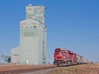 Southbound by the elevator at Niobe, in a few miles will take the siding to allow a coal train to procede north. CP Red Deer Sub