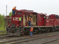 After being unsuccessful with attempts to fill up 8200 with water at CN Waubamik, Toronto and Mactier crews work to quench 8200's thirst at SNS Mactier.