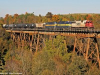 SOO 6033 leads a pair of corn belt units (DME 6366, ICE 6100) and an empty ethanol train west across the Cherrywood Trestle. 1640hrs.