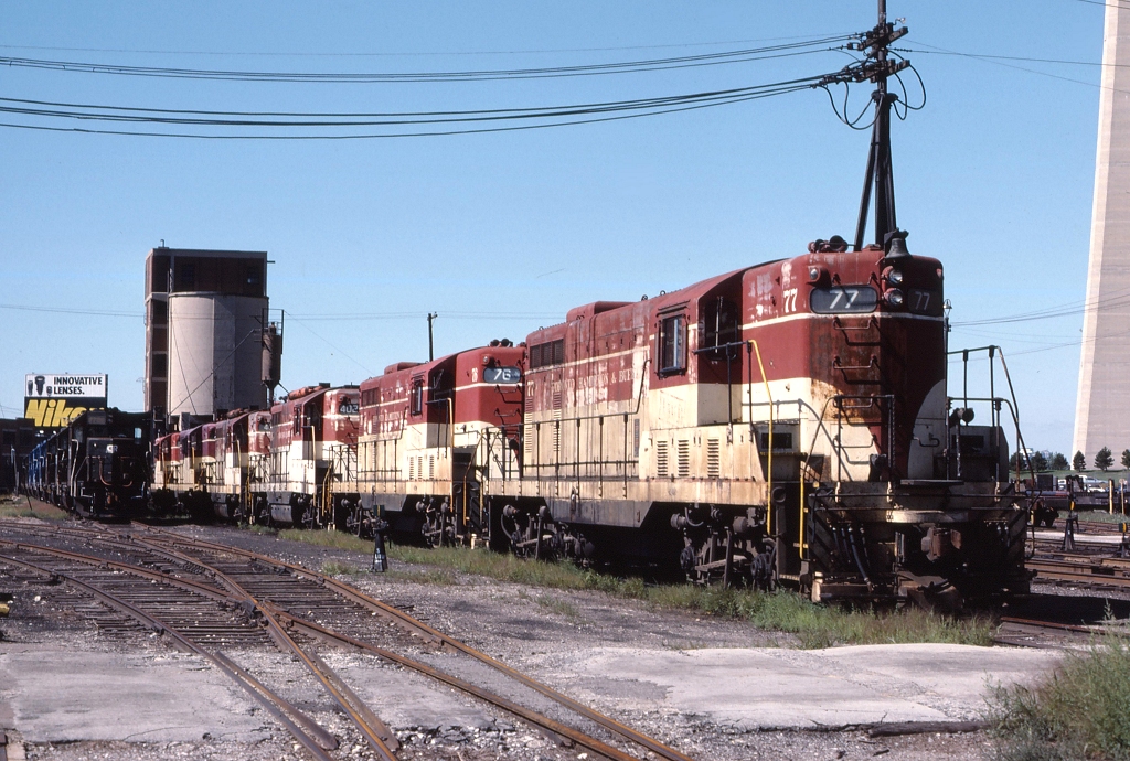 Retired TH&B power is stored at CP\'s John Street Roundhouse along with leased Conrail power.