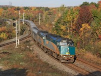 A sure sign of thanksgiving: The double headed VIA 70. Due to a higher traffic volume on long weekends, extra cars are added to expand capacity and extra locomotives assigned to compensate for the extra weight.