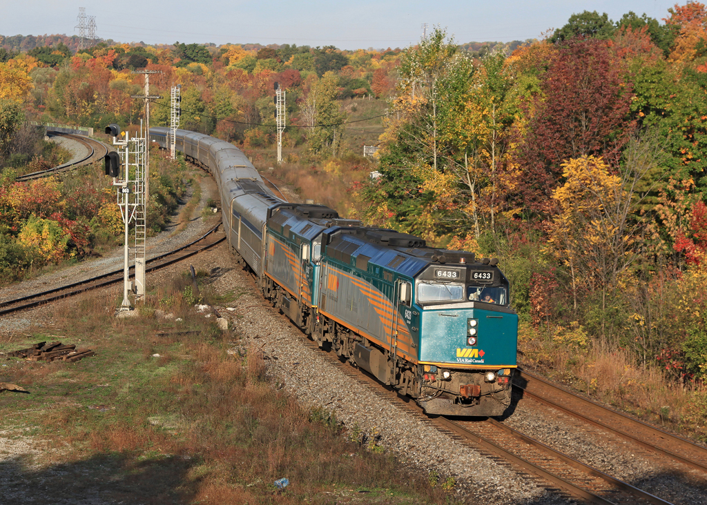 A sure sign of thanksgiving: The double headed VIA 70. Due to a higher traffic volume on long weekends, extra cars are added to expand capacity and extra locomotives assigned to compensate for the extra weight.