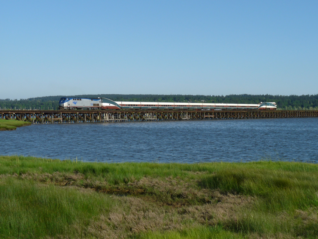 Amtrak 517 crosses the Mud Bay trestle as it travels southbound towards the Canada-USA border at White Rock.