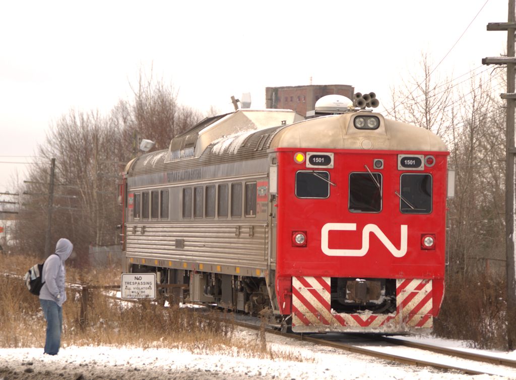 CN 1501 Budd Evaluation Test car crossing over Memorial Ave heading west to Neebing Yard