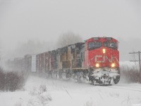 CN 450, CN 2685 South approaching Washago during a usual central Ontario snow-squall in the winter of 2007, back in the days when this assignment ran in daylight hours, often with foreign power. 