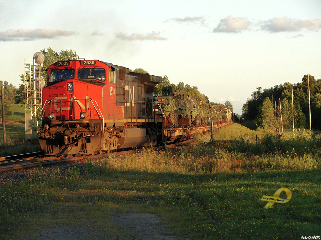 CN 753, CN 2539 North starts to slowly pull out of the siding at Brechin East after letting 106 go by. Felt like an appropriate upload during Remembrance week, freedom is never free, lest we forget.