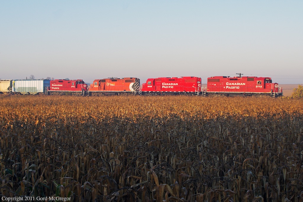 Early morning light reveals the new Havelock consist 3114,3038,3042and switcher 3215 as the corn remains unharvested.
