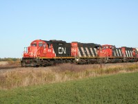 CN 509 approaches Sarnia with a rather interesting consist including a GP38-2, a rare GMD-1 and a pair of rebuilt GP9s.