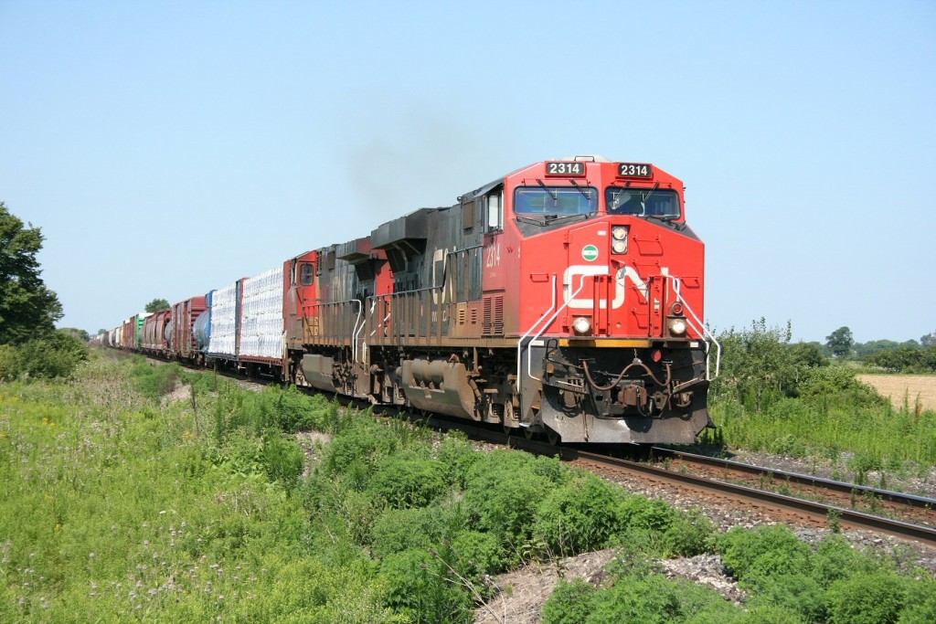 A pair of GEs on CN 332 break the silence of a pleasant summer day just east of the end of double track on the Strathroy subdivision at Mandaumin.
