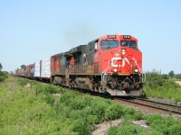 A pair of GEs on CN 332 break the silence of a pleasant summer day just east of the end of double track on the Strathroy subdivision at Mandaumin.