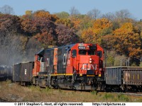 CN 562 has just left Aldershot for Port Robinson/Fort Erie and is rolling through Hamilton Yard. The last of the fall colours are still on the leaves but not for much longer..