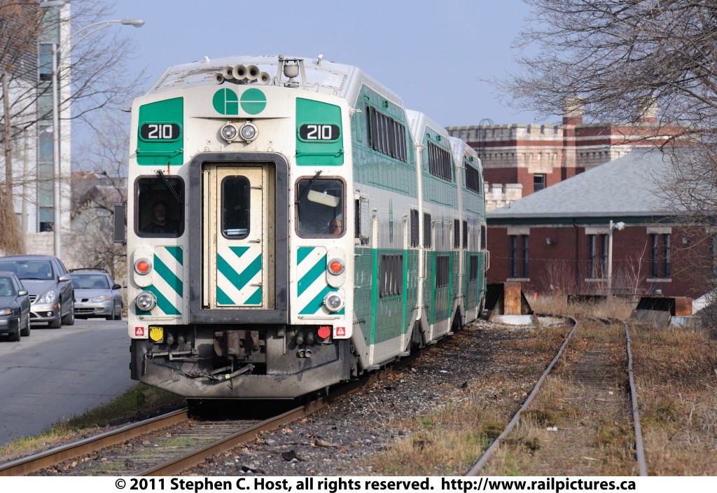 The first GO Train to Kitchener, Ontario on a qualification run is seen here at Guelph, Ontario. GO Train service will begin on December 19 2011 servicing Guelph and Kitchener Stations. Acton will be added in 2012. This is the first GO Train to Guelph since 1993.