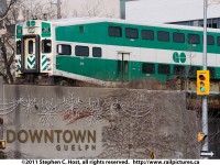 The first GO Train to Kitchener, Ontario on a qualification run is seen here at Guelph, Ontario. GO Train service will begin on December 19 2011 servicing Guelph and Kitchener Stations. Acton will be added in 2012. This is the first GO Train to Guelph since 1993.