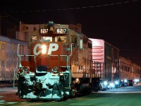 One of CP's TEC trains roosts on Depot 1 track infront of the depot on a chilly March night. Up until recently (2010/11) usual power for these trains were a solo GP9u, now substituted with a solo GP38-2 or SD40-2.