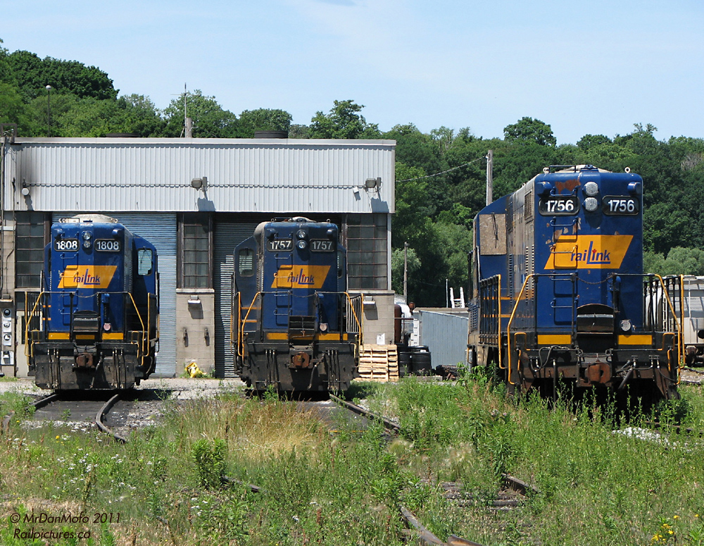 Not an AC4400CW or SD40-2 in sight! A nicely-matching trio of first-generation Geeps congregate at the Southern Ontario Railway\'s former CN shops at Stuart St. Yard: GP18 1808, GP10(9) 1757 and GP7 1756 (which is in storage after an incident that bent the frame near the front). In a few years, 1756 would be scrapped, and 1757 & 1808 would face an uncertain fate as new CEFX GP20D locomotives threaten the remaining older Geep stable on SOR.