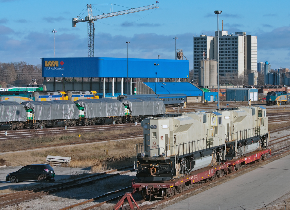 Two primered VALE SD80ACe\'s sit at the VIA TMC along side the assortment of power in Toronto after being brought down by yours truly on CN 543 a few nights prior. These two plus the other two that were already sitting there are to be painted at Canadian Rail Collision and Refurbish Inc then shipped.