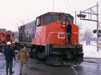 rerailing 3502 after having been lent to the town during the ice storm crisis that lasted 7-8 days.