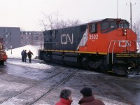 rerailing 3502 after having been lent to the town during the ice storm crisis that lasted 7-8 days.