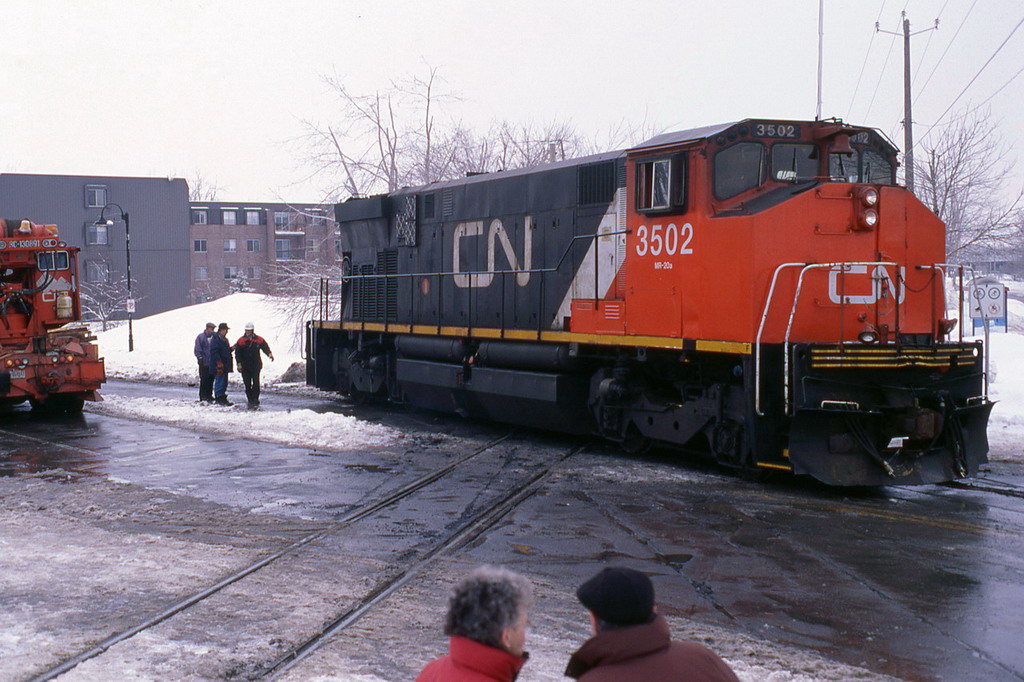 rerailing 3502 after having been lent to the town during the ice storm crisis that lasted 7-8 days.