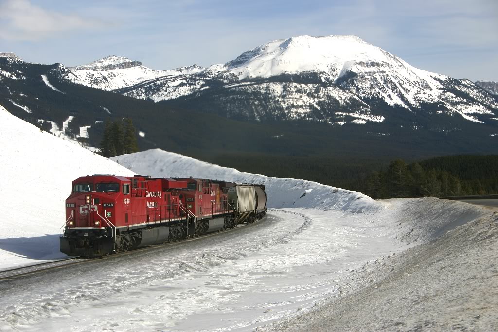 Grain loads bound for the coast grind up grade towards the continental divide just west of Lake Louise