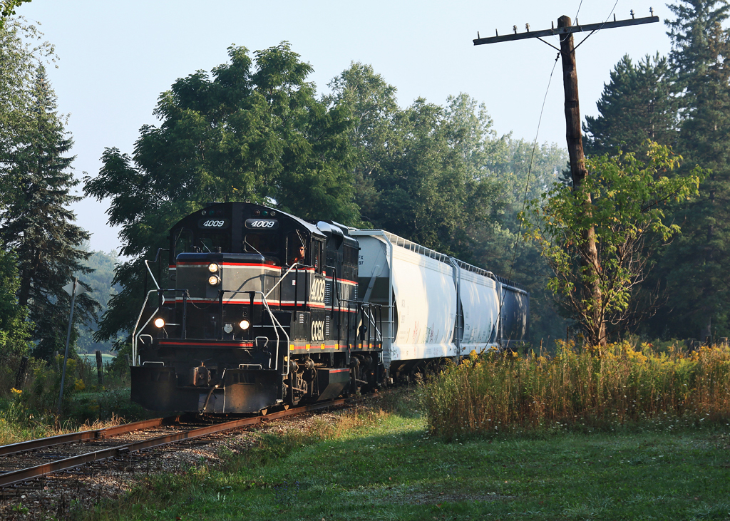CCGX 4009 moves swiftly through the early morning haze that\'s resting between two stands of trees.
