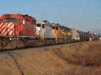 CP 627 leaving Lobo siding with colourful EMD lashup CP 6060, CItx 3079, Citx 2804 & ICE 6415 