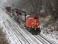 CN 5678 leads CN 148 down the grade through Copetown, minutes after an intense snow storm