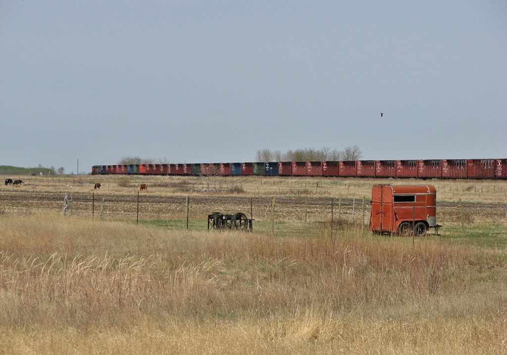 CN manifest rolls along the Mantiobian country side as it heads west with a long string of empty centrebeams.