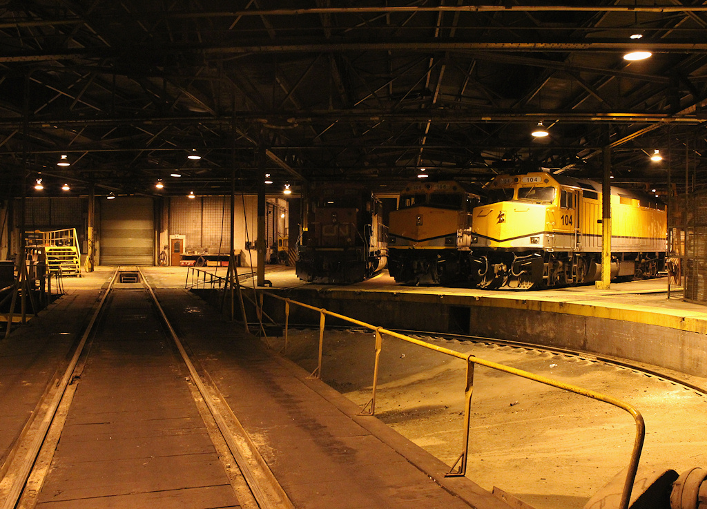Inside the Steelton shops in Sault Ste Marie, ON... CN 105 is outside with the P631 trainset