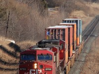 14:1 horsepower rating... CP 113 heads westbound at mile 151 with 5 platforms... CP would run a 2113-18 later ex Montreal... Perhaps problems in Lachine?