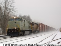 BRRRR! NS 327 at Ingersoll with unpainted (Primer) NS 9953 and Union Pacific 1862 and 14 cars of auto parts from the Buffalo Ford Stamping plant en-route to Talbotville Ford Assembly.
