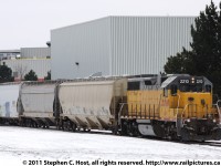 Goderich and Exeter 580 is on the west end of the Guelph Junction Railway (Joint GEXR/OSR track) with the first load for Polycon Industries (Magna) in about 10 or 20 years.