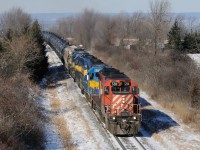 Ethanol train CP 626 crests the Niagara escarpment at Vinemount, Ontario. CP 5911 - DME 6359 -  ICE 6422 - ICE 6446.